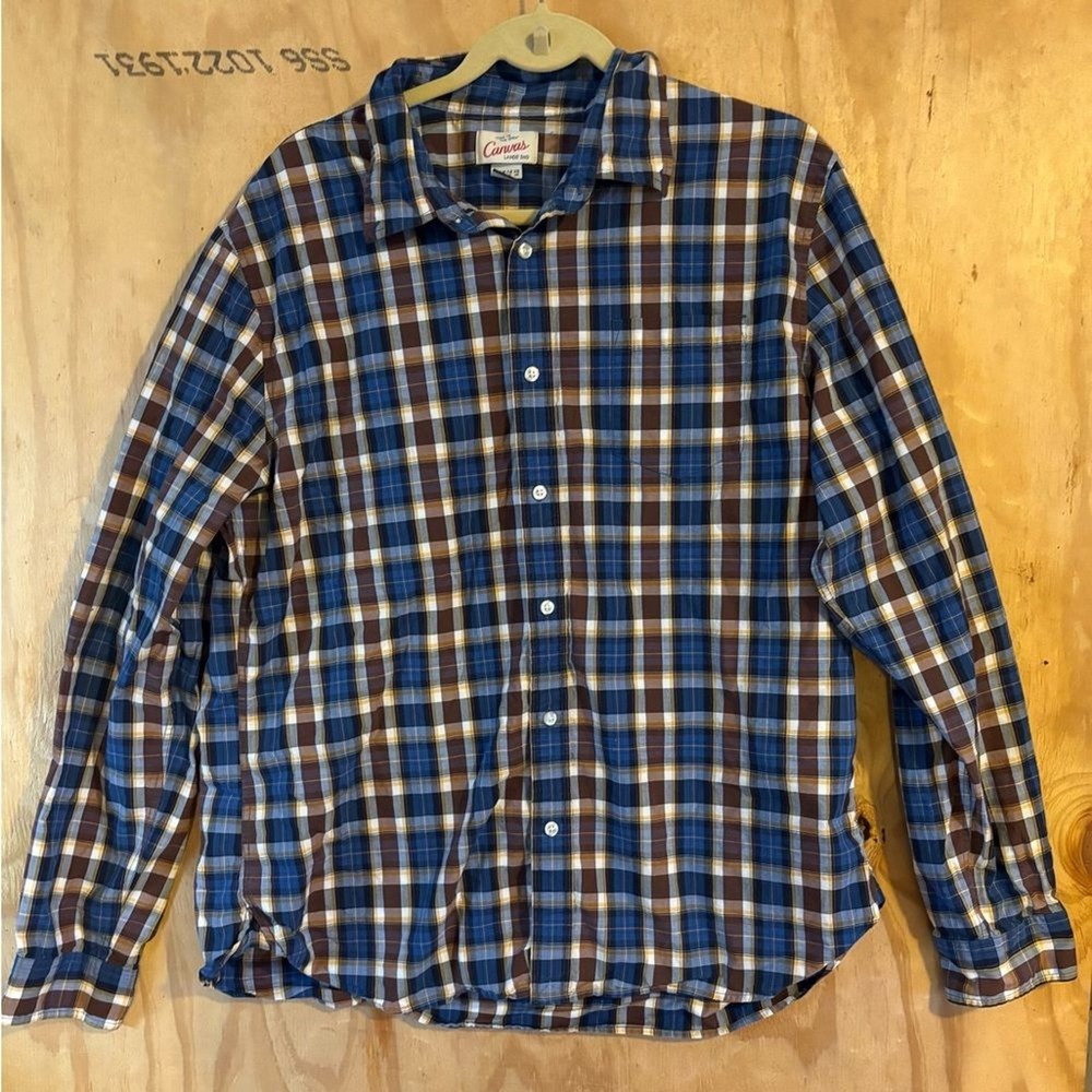 Mens Plaid Button Down Shirt XL Blue‎ Brown Yellow Workwear Flannel
